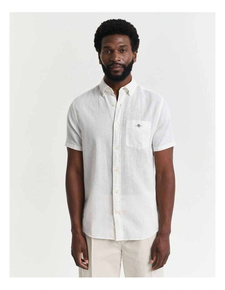 Regular Fit Cotton Linen Short Sleeve Shirt in White image 1