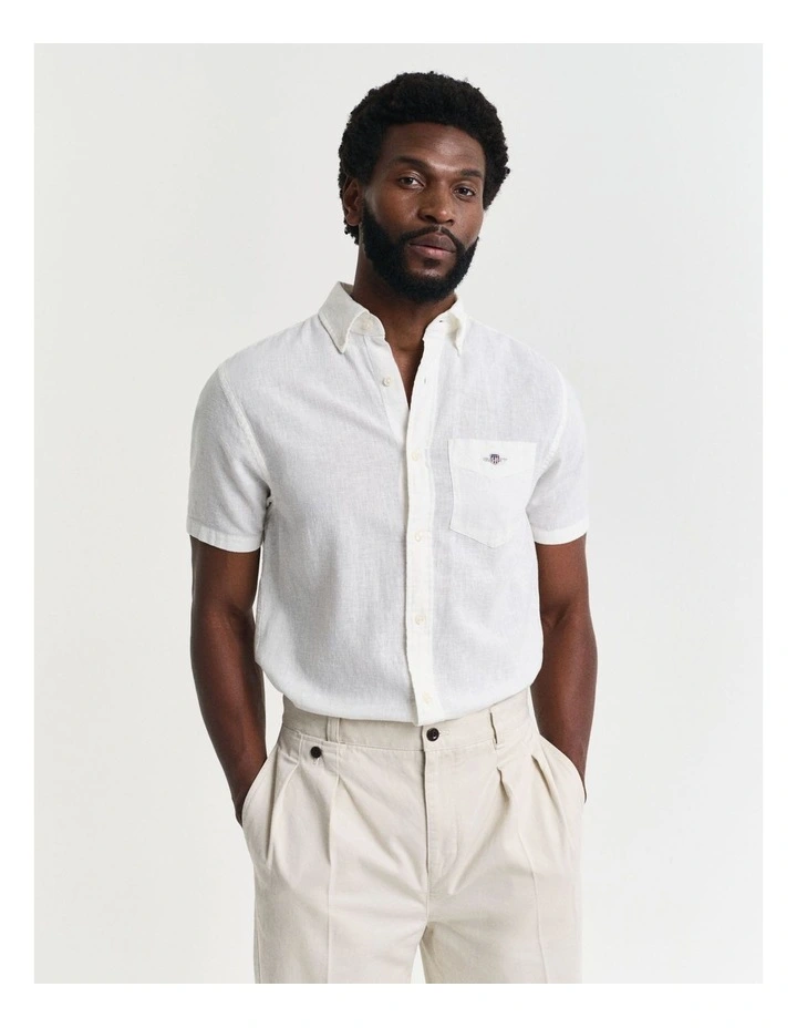 Regular Fit Cotton Linen Short Sleeve Shirt in White image 3