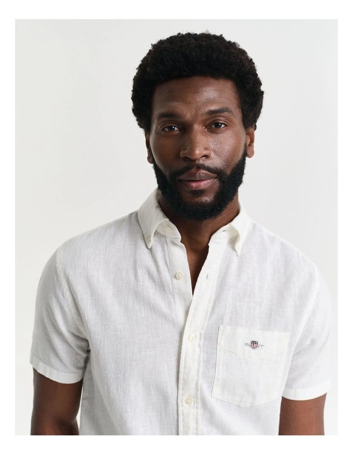 Regular Fit Cotton Linen Short Sleeve Shirt in White image 4