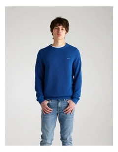 Cotton Pique Crew Neck Knit Sweater in Rich Blue