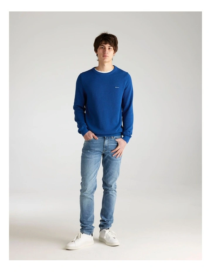 Cotton Pique Crew Neck Knit Sweater in Rich Blue image 3