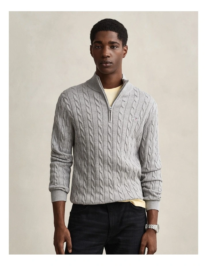 Cotton Cable Half Zip Knit Sweater in Grey Melange image 1