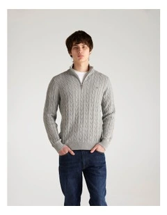 Cotton Cable Half Zip Knit Sweater in Grey Melange