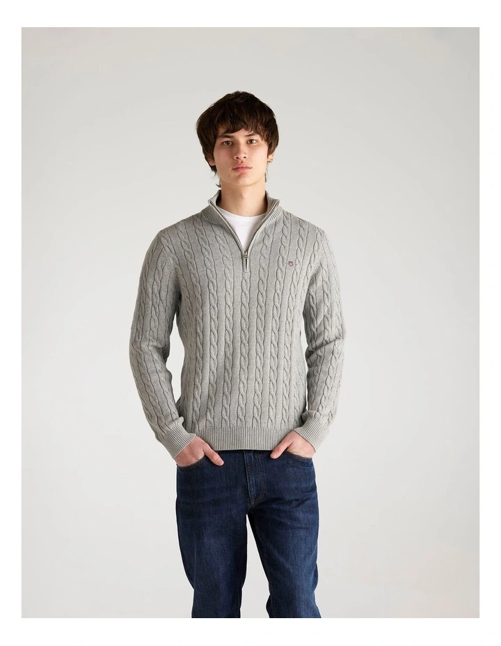Cotton Cable Half Zip Knit Sweater in Grey Melange image 1