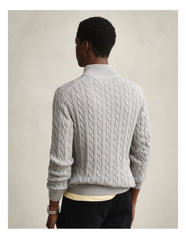Cotton Cable Half Zip Knit Sweater in Grey Melange image 2