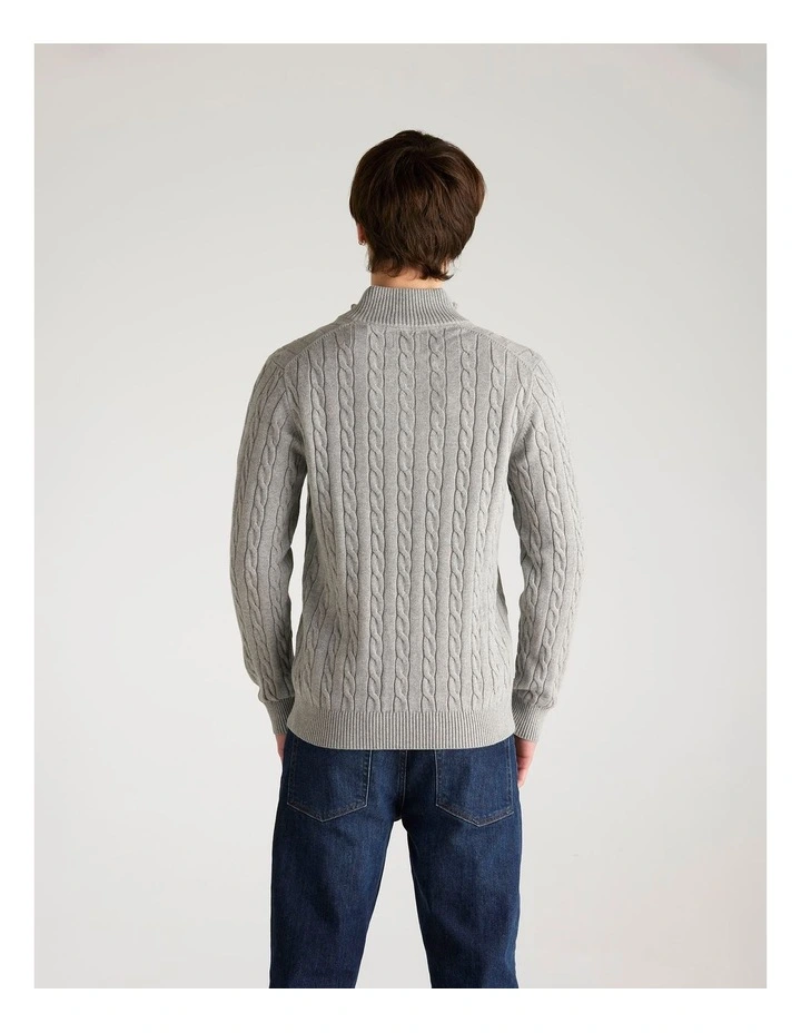 Cotton Cable Half Zip Knit Sweater in Grey Melange image 2