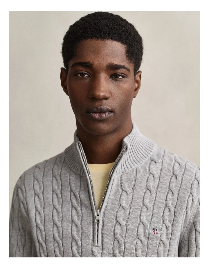Cotton Cable Half Zip Knit Sweater in Grey Melange image 3