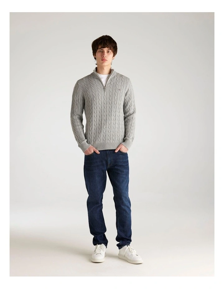 Cotton Cable Half Zip Knit Sweater in Grey Melange image 3