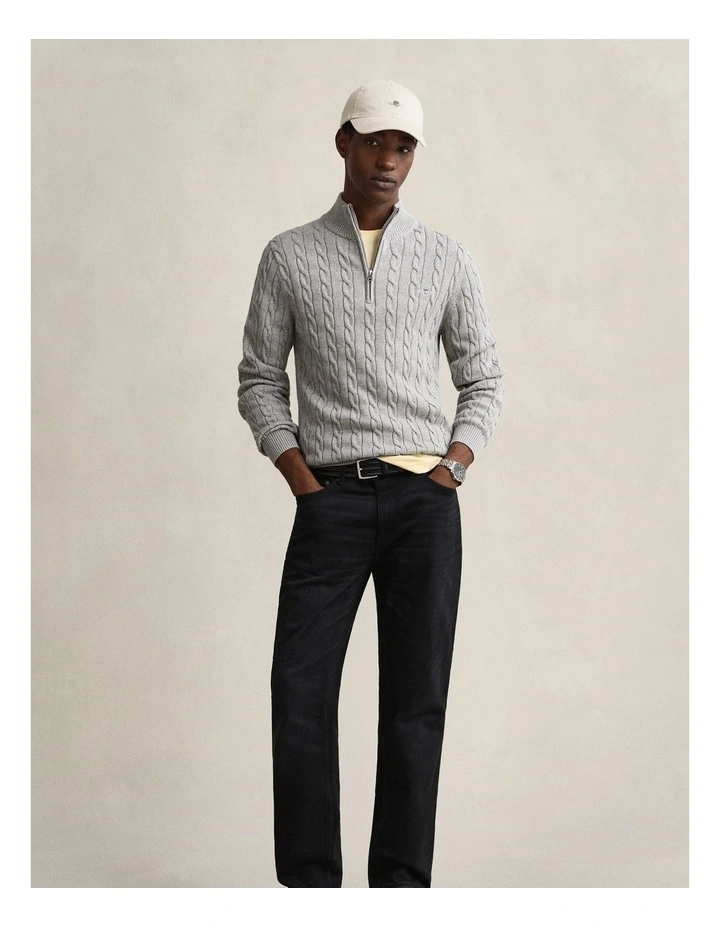Cotton Cable Half Zip Knit Sweater in Grey Melange image 4