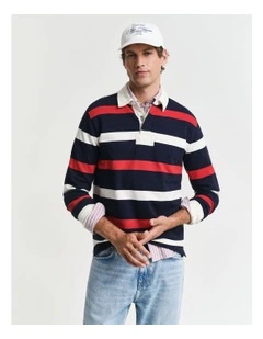 Retro Striped Heavy Rugger Polo Shirt in Evening Blue