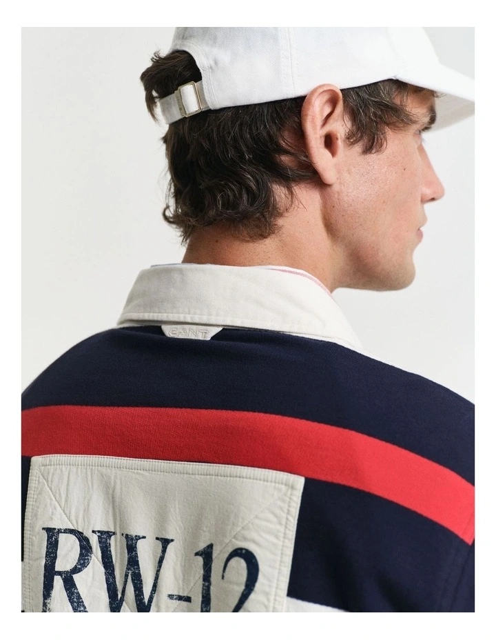 Retro Striped Heavy Rugger Polo Shirt in Evening Blue image 5