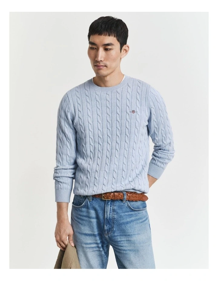 Cotton Cable Crew Neck Knit in Ice Blue Melange image 1