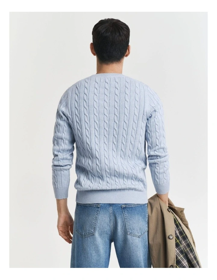 Cotton Cable Crew Neck Knit in Ice Blue Melange image 2