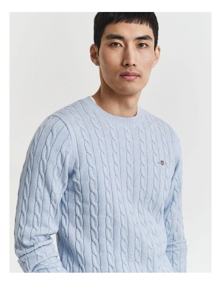 Cotton Cable Crew Neck Knit in Ice Blue Melange image 4