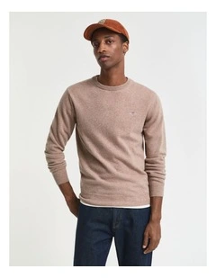 Superfine Lambswool Crew Neck Sweater in Dark Sand Melange