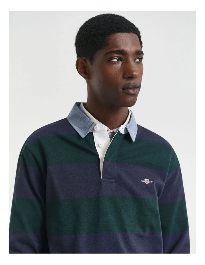 Chambray Collar Striped Heavy Rugger T-shirt in Tartan Green image 3