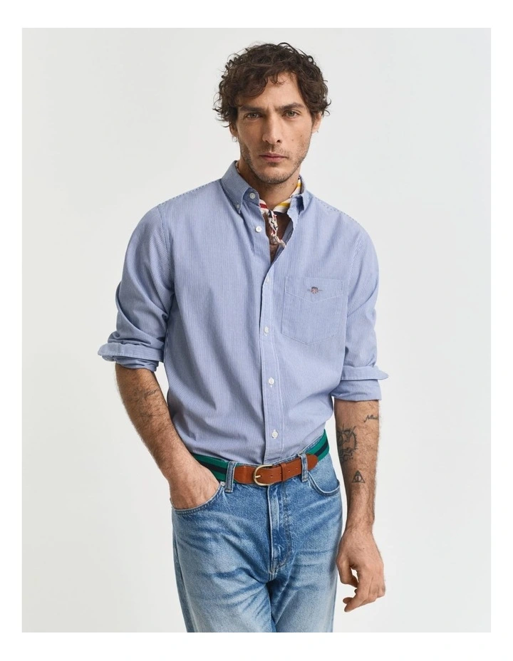 Regular Fit Banker Stripe Poplin Shirt in College Blue image 1