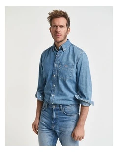 Regular Fit Denim Shirt in Semi Light Blue Worn