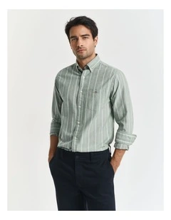 Regular Fit Striped Classic Oxford Shirt in Forest Green