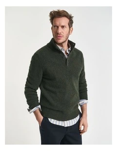 Wool Blend Nepps Half-Buttoned Sweater in Country Green