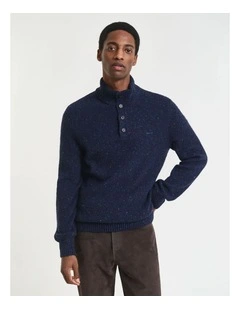Wool Blend Nepps Half-Buttoned Sweater in Evening Blue