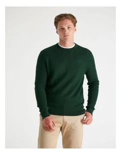 Textured Cotton Merino Crew Neck Sweater in Tartan Green