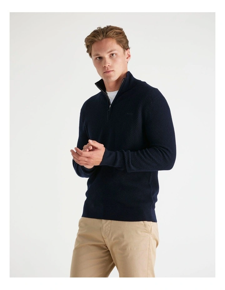 Textured Cotton Merino Half-Zip Sweater in Evening Blue image 1