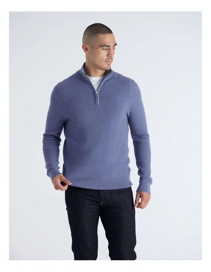 Textured Cotton Merino Half-Zip Sweater in Denim Blue Melange image 1