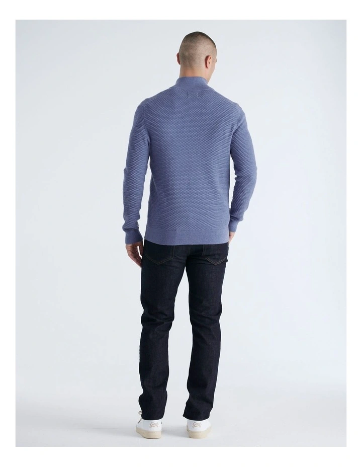Textured Cotton Merino Half-Zip Sweater in Denim Blue Melange image 2