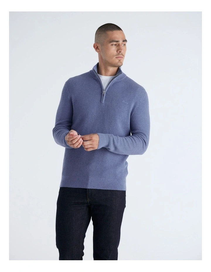 Textured Cotton Merino Half-Zip Sweater in Denim Blue Melange image 3