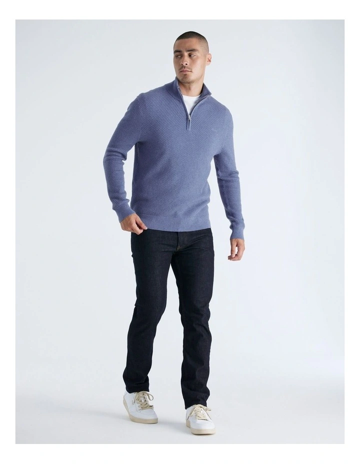 Textured Cotton Merino Half-Zip Sweater in Denim Blue Melange image 4