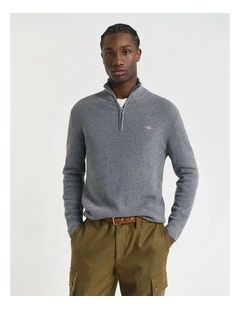 Ribbed Cotton Merino Wool Half-Zip Sweater in Dark Grey Melange