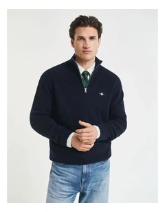 Ribbed Cotton Merino Wool Half-Zip Sweater in Evening Blue