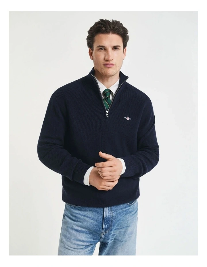 Ribbed Cotton Merino Wool Half-Zip Sweater in Evening Blue image 1