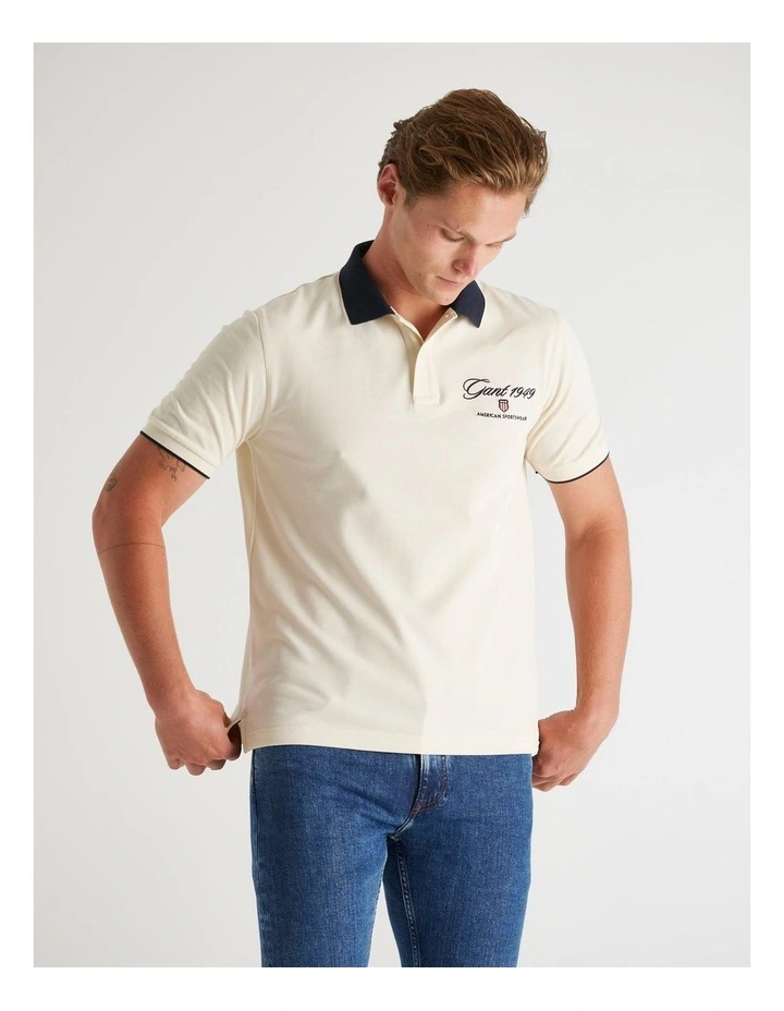 Graphic Pique Polo in Cream image 4