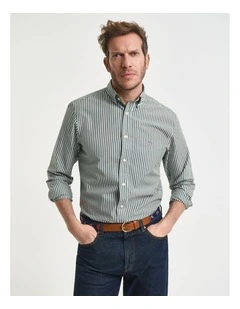 Regular Fit Classic Striped Poplin Shirt in Forest Green