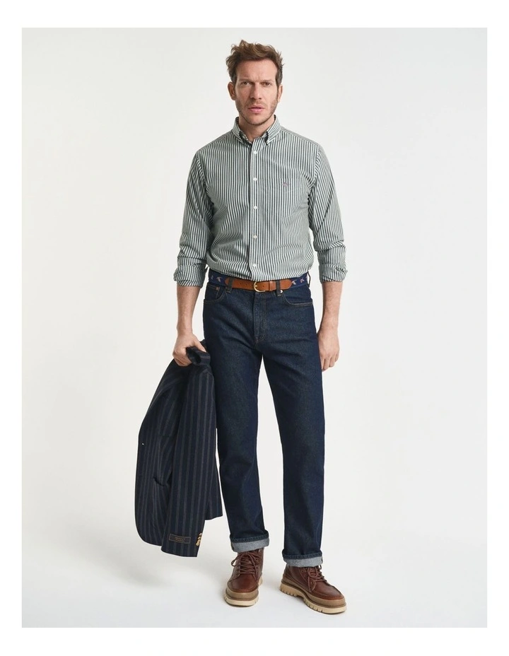 Regular Fit Classic Striped Poplin Shirt in Forest Green image 3