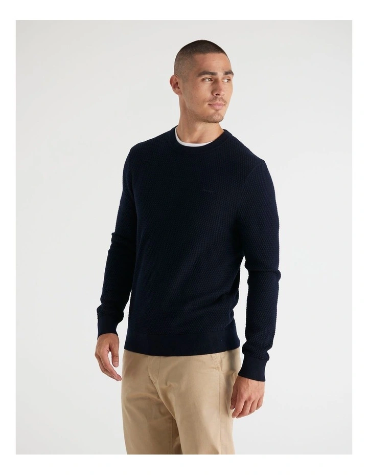 Textured Cotton Merino Crew Neck Sweater in Evening Blue image 3