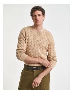 Cotton Cable Crew Neck Knit in  Khaki Melange