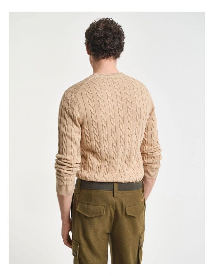 Cotton Cable Crew Neck Knit in  Khaki Melange image 2