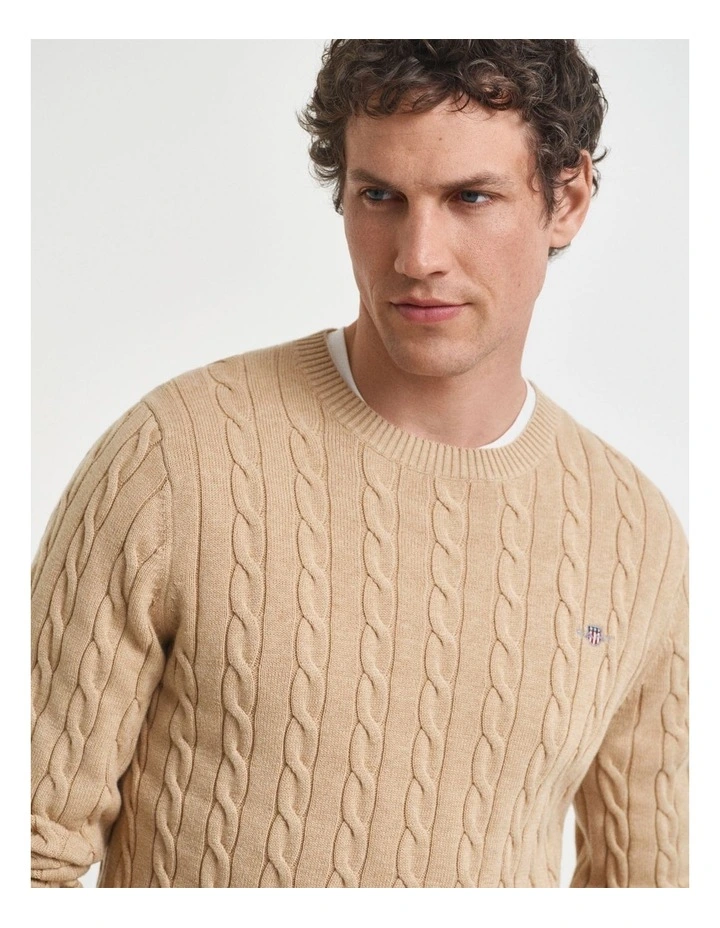 Cotton Cable Crew Neck Knit in  Khaki Melange image 4