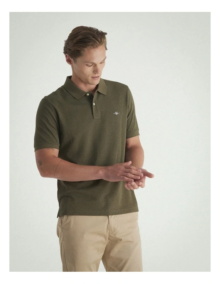 Regular Fit Shield Piqu Polo Shirt in Khaki Green Melange image 3