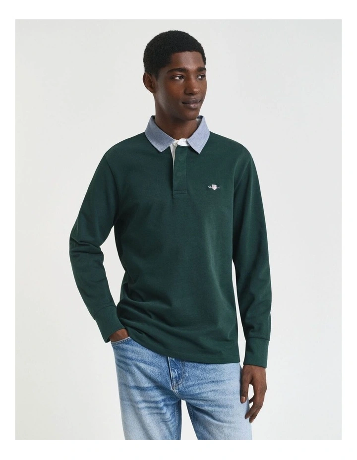 Chambray Collar Heavy Rugger Shirt in Tartan Green image 1