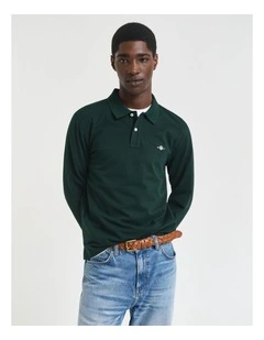 Shield Pique Long Sleeve Rugger Polo Shirts in Tartan Green