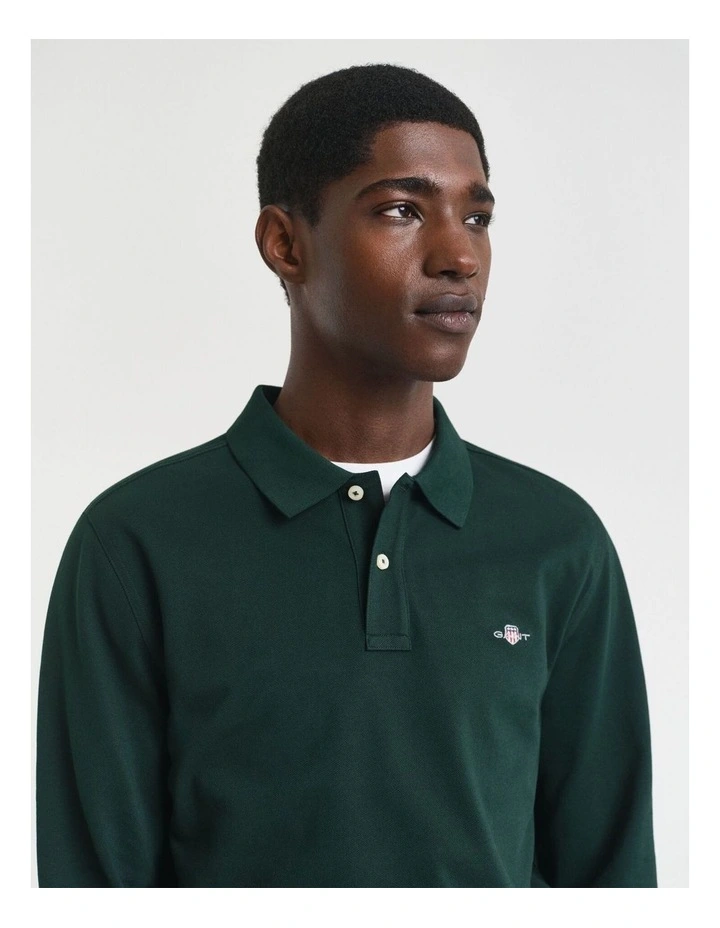Shield Pique Long Sleeve Rugger Polo Shirts in Tartan Green image 3