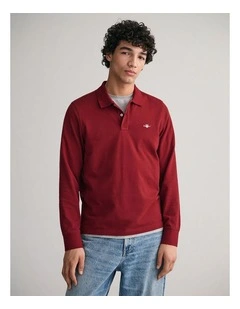 Shield Pique Long Sleeve Rugger Polo Shirts in Plumped Red
