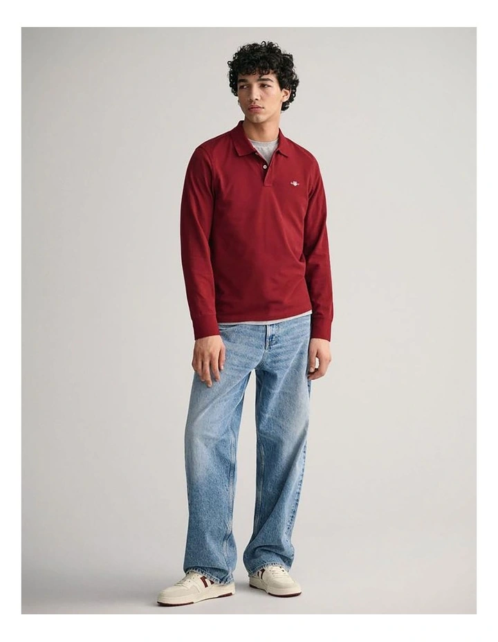 Shield Pique Long Sleeve Rugger Polo Shirts in Plumped Red image 3