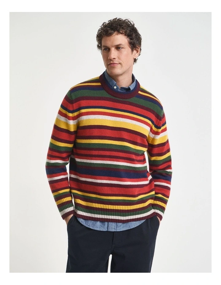 Multicolored Striped Crew Neck Sweater in Deep Orange image 1