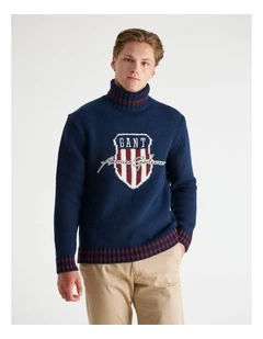 Graphic Roll Neck Sweater in Evening Blue