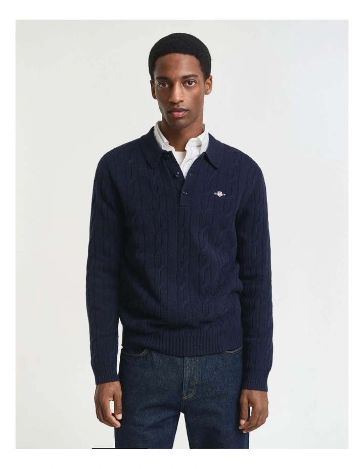 Lambswool Cable Knit Polo Sweater in Evening Blue image 1